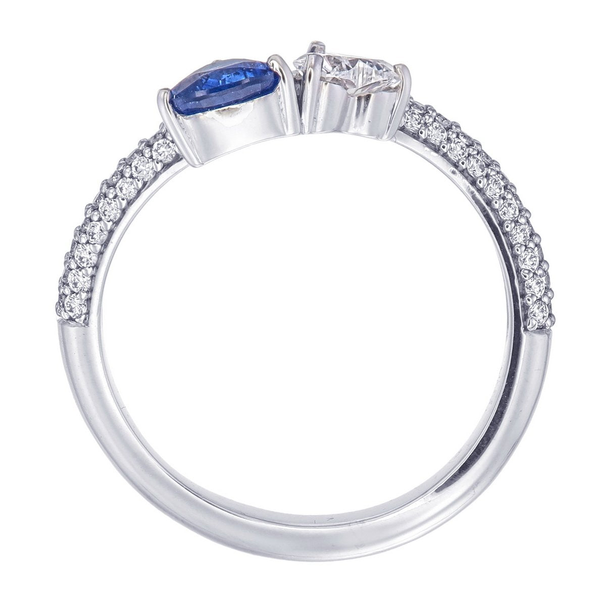 Trillion Sapphire & Heart Diamond Bypass Ring in 18K white gold — view 4