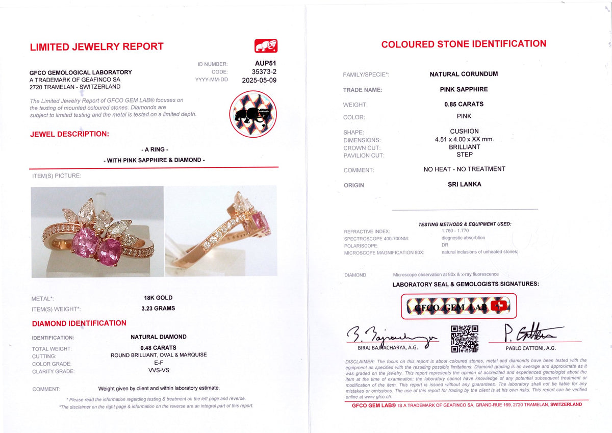 Unheated Pink Sapphire Cluster Ring — GFCO laboratory report