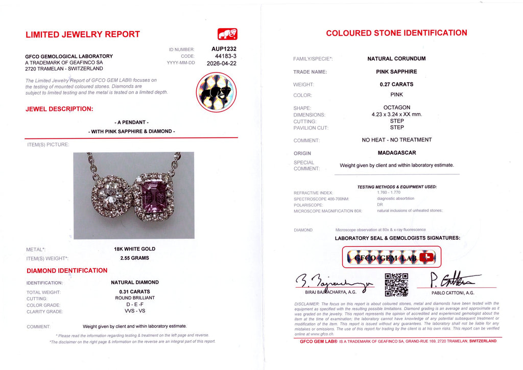 Unheated Pink Sapphire & Diamond Toi et Moi Pendant — GFCO laboratory report