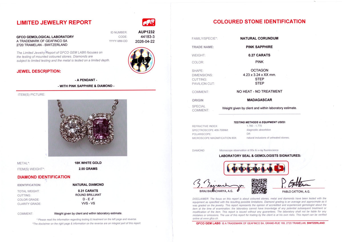 Unheated Pink Sapphire & Diamond Toi et Moi Pendant — GFCO laboratory report