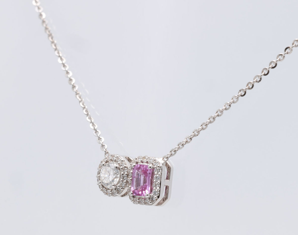 Unheated Pink Sapphire & Diamond Toi et Moi Pendant in 18K white gold — view 1