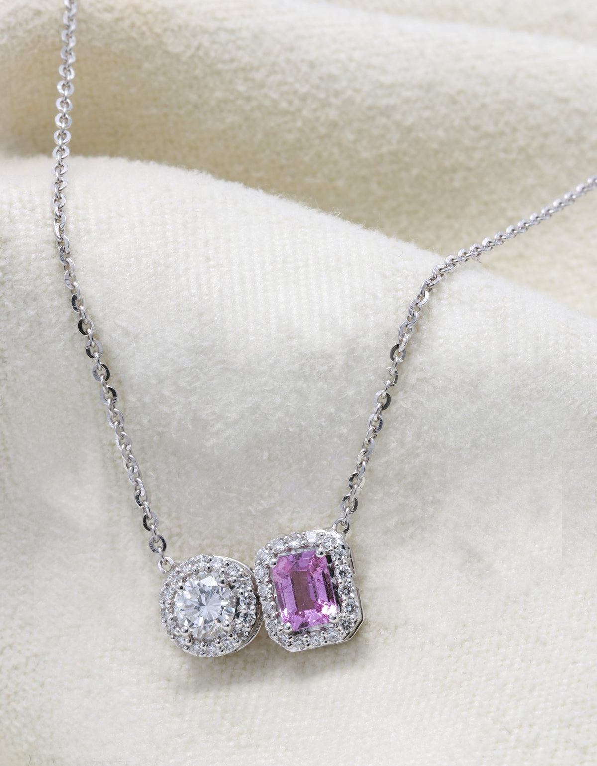 Unheated Pink Sapphire & Diamond Toi et Moi Pendant in 18K white gold — view 2