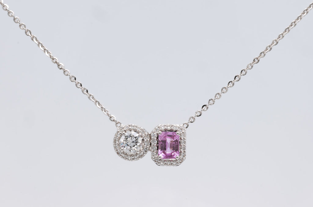 Unheated Pink Sapphire & Diamond Toi et Moi Pendant in 18K white gold — view 3