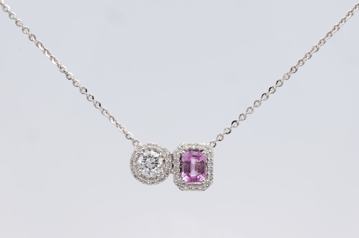 Unheated Pink Sapphire & Diamond Toi et Moi Pendant in 18K white gold — view 3