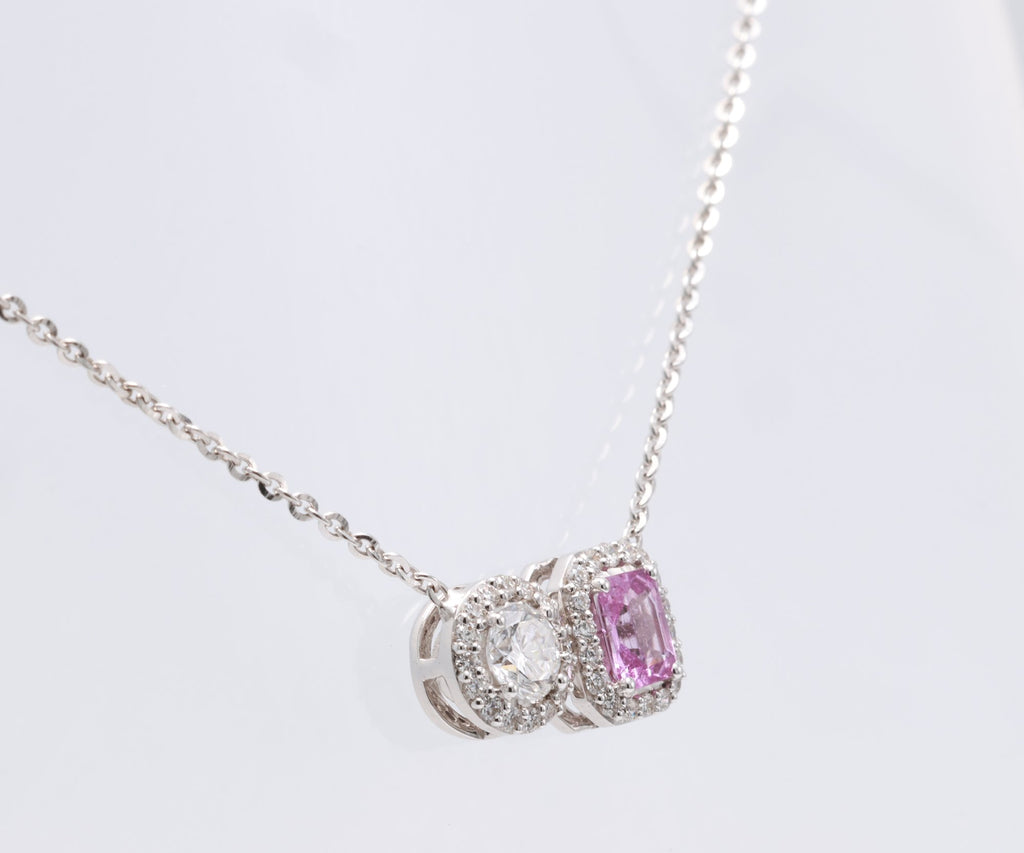 Unheated Pink Sapphire & Diamond Toi et Moi Pendant in 18K white gold — view 4