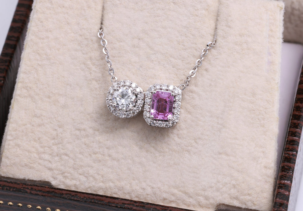 Unheated Pink Sapphire & Diamond Toi et Moi Pendant in 18K white gold — view 6