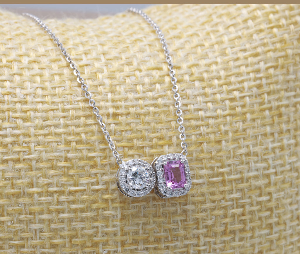 Unheated Pink Sapphire & Diamond Toi et Moi Pendant in 18K white gold — view 7