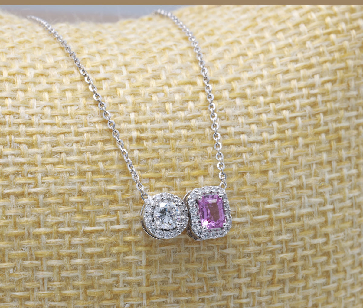 Unheated Pink Sapphire & Diamond Toi et Moi Pendant in 18K white gold — view 7