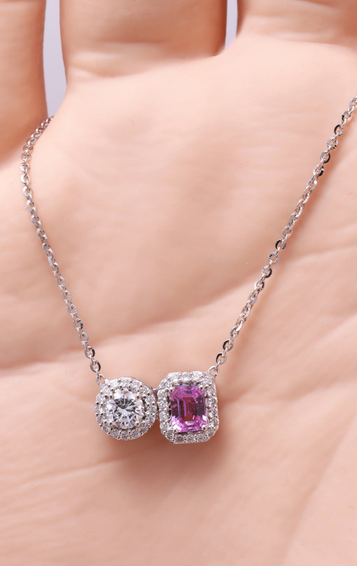 Unheated Pink Sapphire & Diamond Toi et Moi Pendant in 18K white gold — view 8