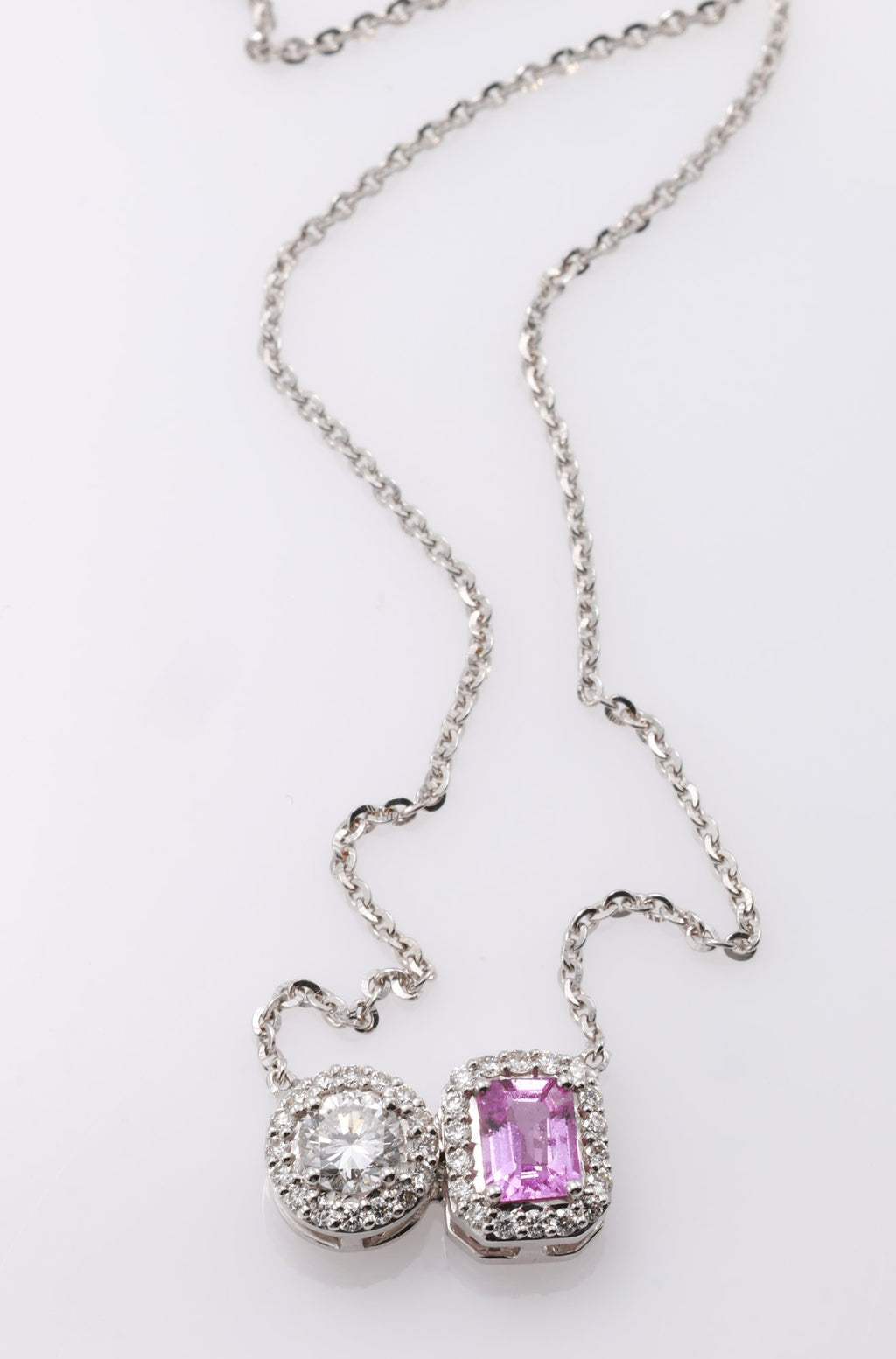 Unheated Pink Sapphire & Diamond Toi et Moi Pendant in 18K white gold — view 9