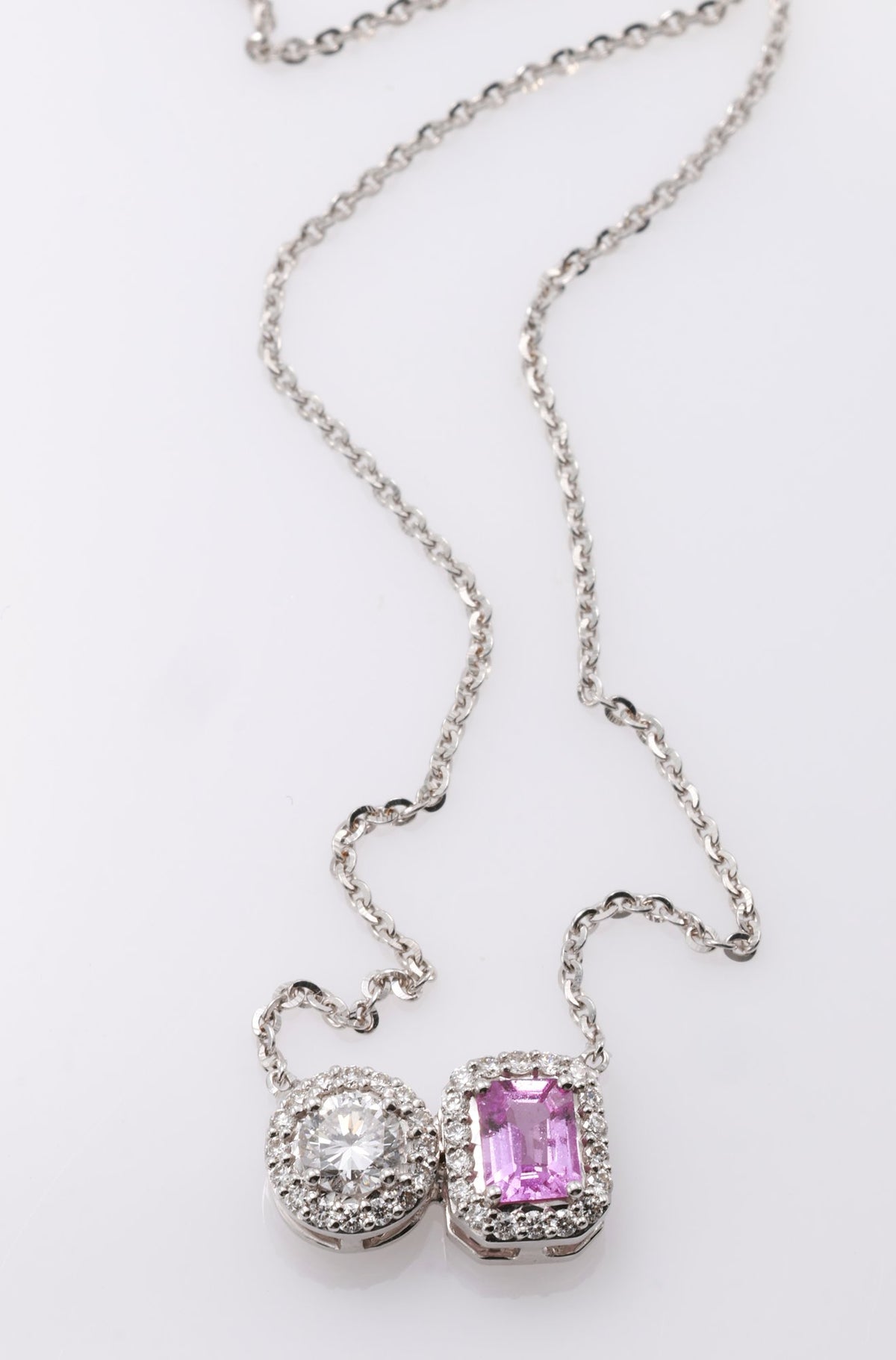 Unheated Pink Sapphire & Diamond Toi et Moi Pendant in 18K white gold — view 9