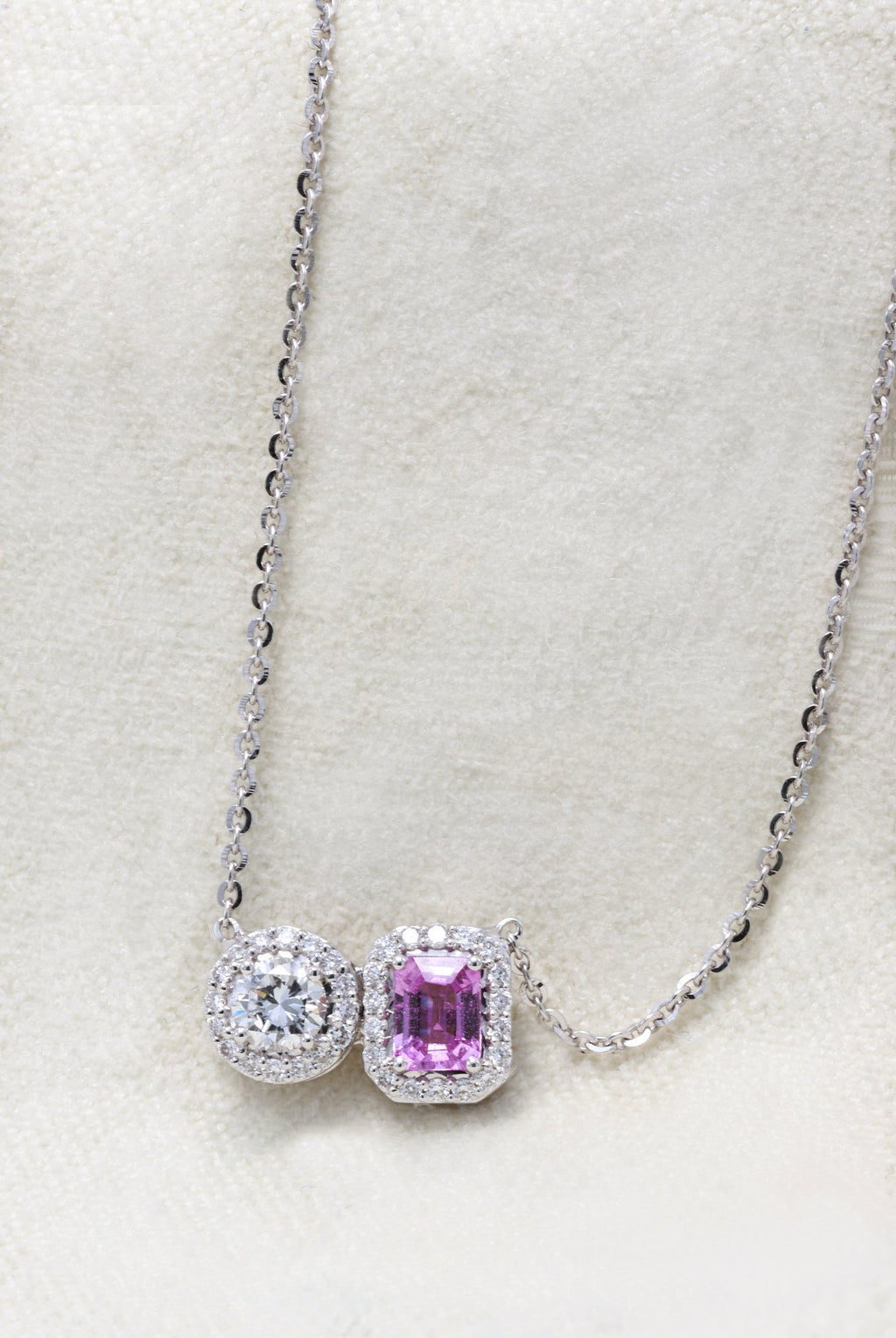 Unheated Pink Sapphire & Diamond Toi et Moi Pendant in 18K white gold — view 10
