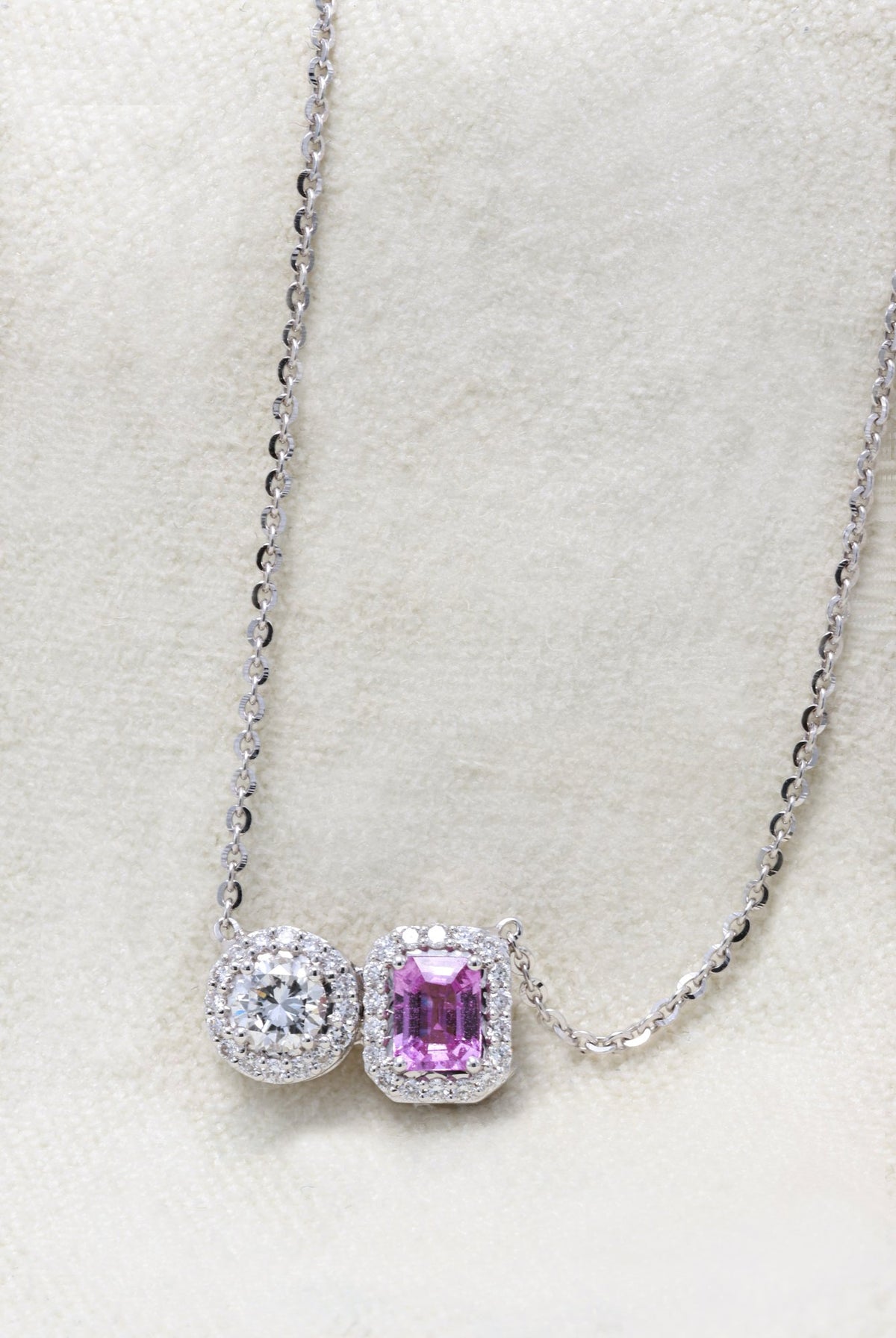 Unheated Pink Sapphire & Diamond Toi et Moi Pendant in 18K white gold — view 10