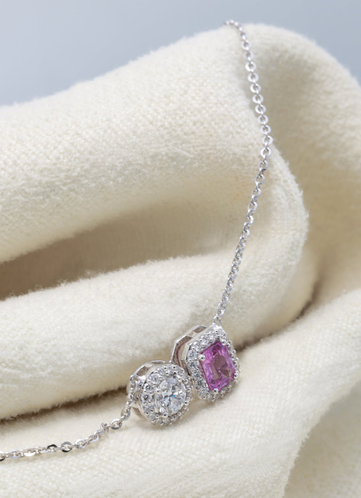 Unheated Pink Sapphire & Diamond Toi et Moi Pendant in 18K white gold — view 11