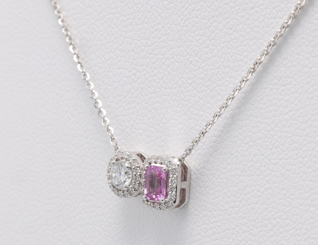 Unheated Pink Sapphire & Diamond Toi et Moi Pendant in 18K white gold — view 12