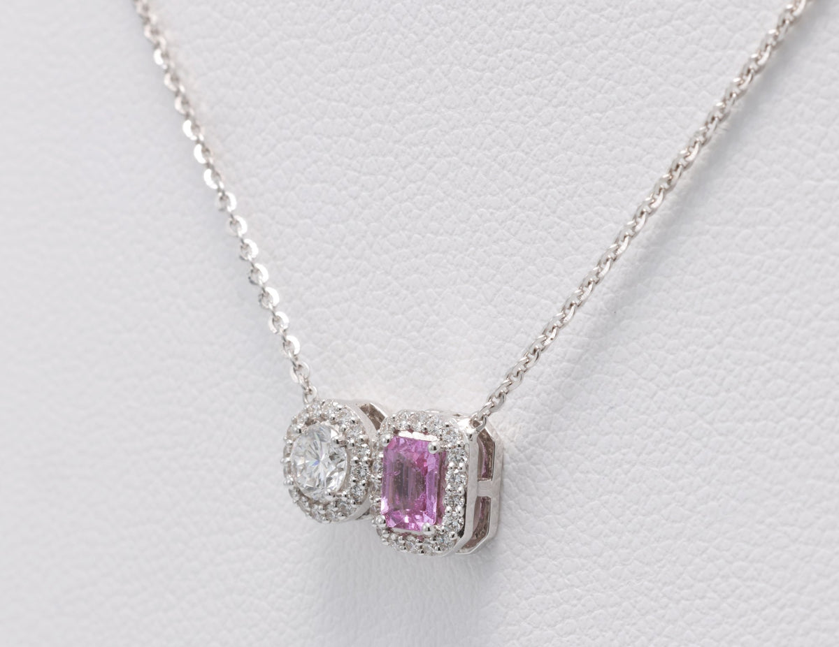 Unheated Pink Sapphire & Diamond Toi et Moi Pendant in 18K white gold — view 12