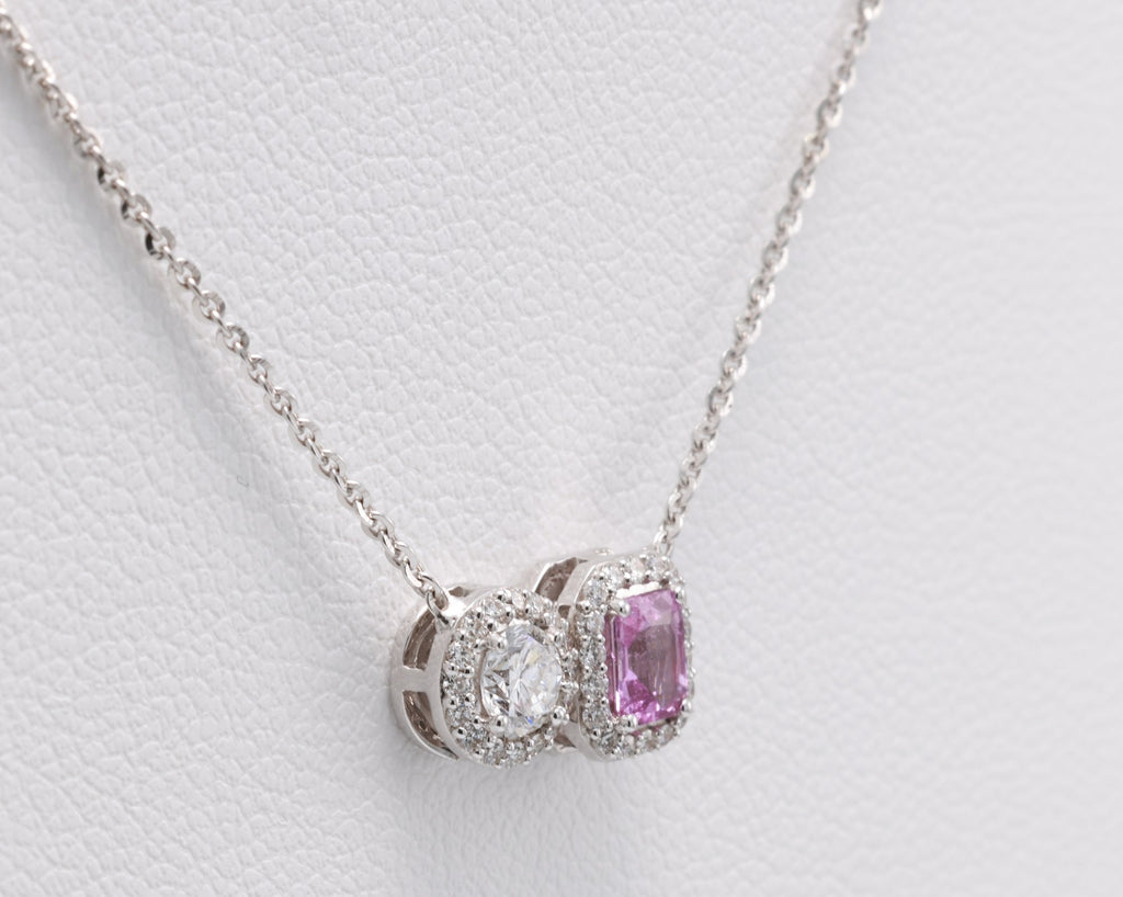 Unheated Pink Sapphire & Diamond Toi et Moi Pendant in 18K white gold — view 13
