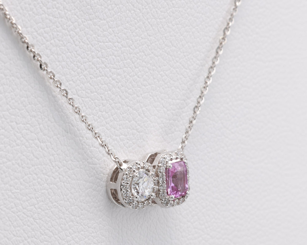 Unheated Pink Sapphire & Diamond Toi et Moi Pendant in 18K white gold — view 13