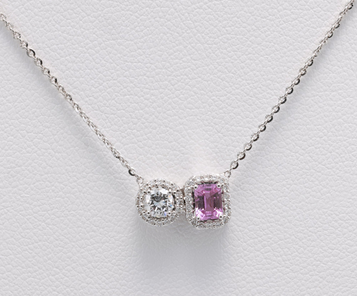 Unheated Pink Sapphire & Diamond Toi et Moi Pendant in 18K white gold — view 14