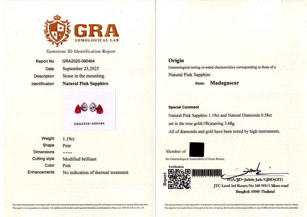 Unheated Pink Sapphire & Pear Diamond Earrings — GRA laboratory report