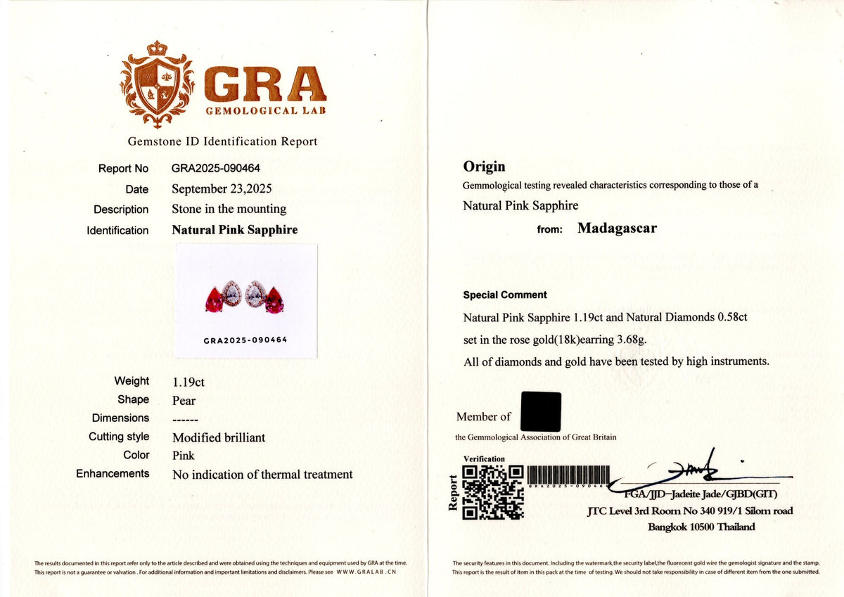 Unheated Pink Sapphire & Pear Diamond Earrings — GRA laboratory report