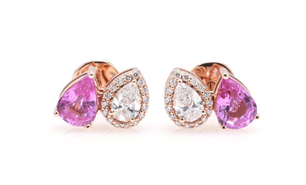 Unheated Pink Sapphire & Pear Diamond Earrings in 18K rose gold — view 1