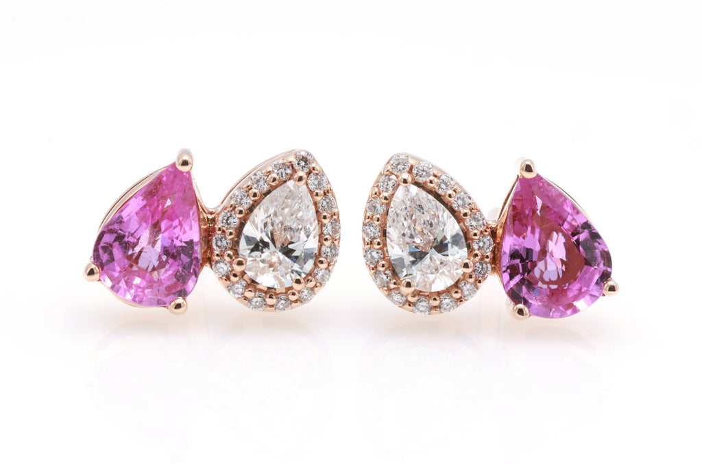 Unheated Pink Sapphire & Pear Diamond Earrings in 18K rose gold — view 2