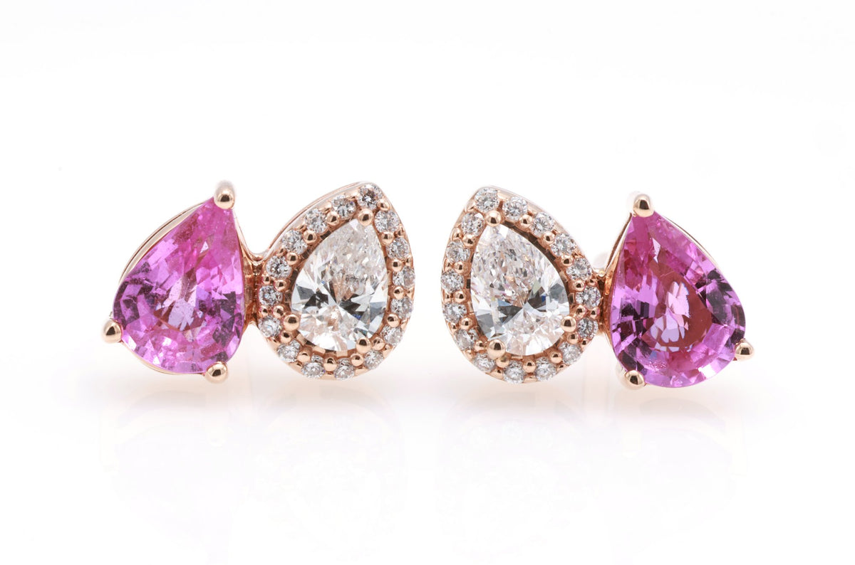 Unheated Pink Sapphire & Pear Diamond Earrings in 18K rose gold — view 2