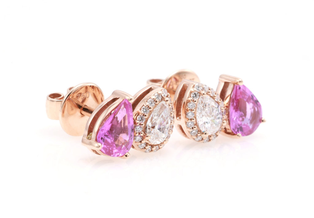 Unheated Pink Sapphire & Pear Diamond Earrings in 18K rose gold — view 3