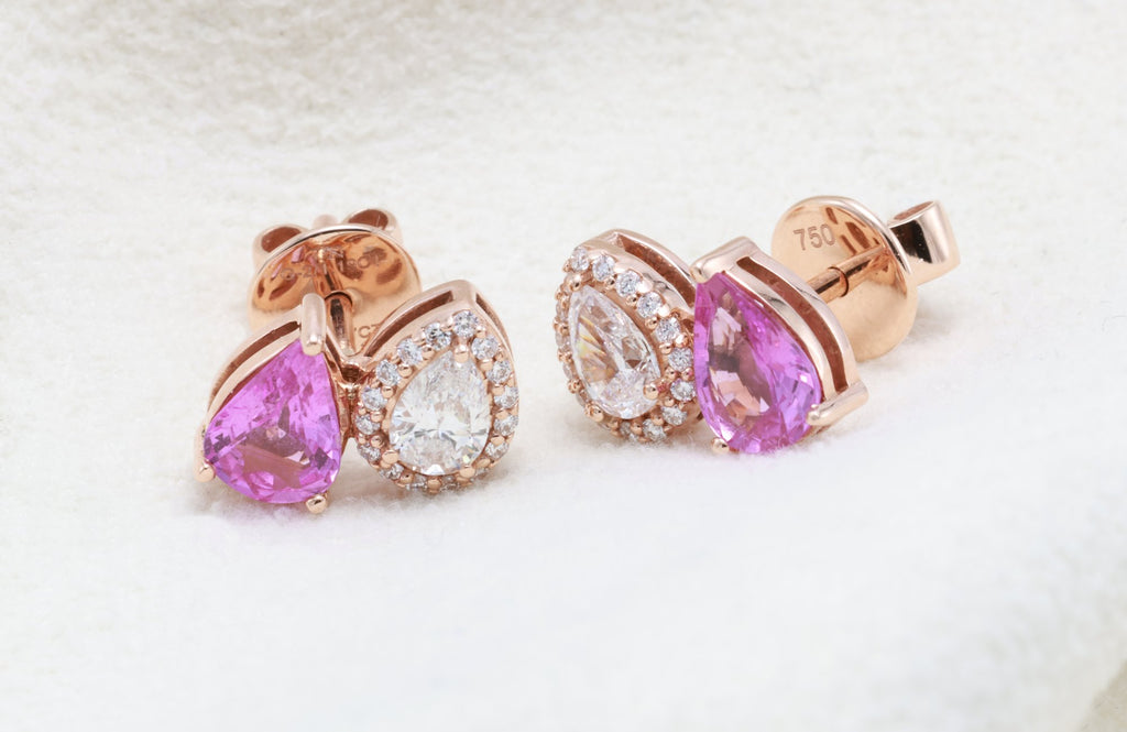 Unheated Pink Sapphire & Pear Diamond Earrings in 18K rose gold — view 4