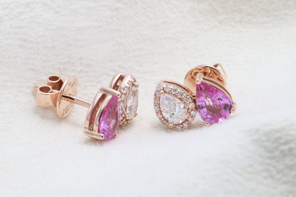 Unheated Pink Sapphire & Pear Diamond Earrings in 18K rose gold — view 5