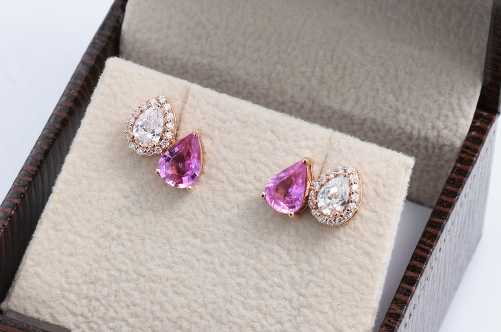 Unheated Pink Sapphire & Pear Diamond Earrings in 18K rose gold — view 6