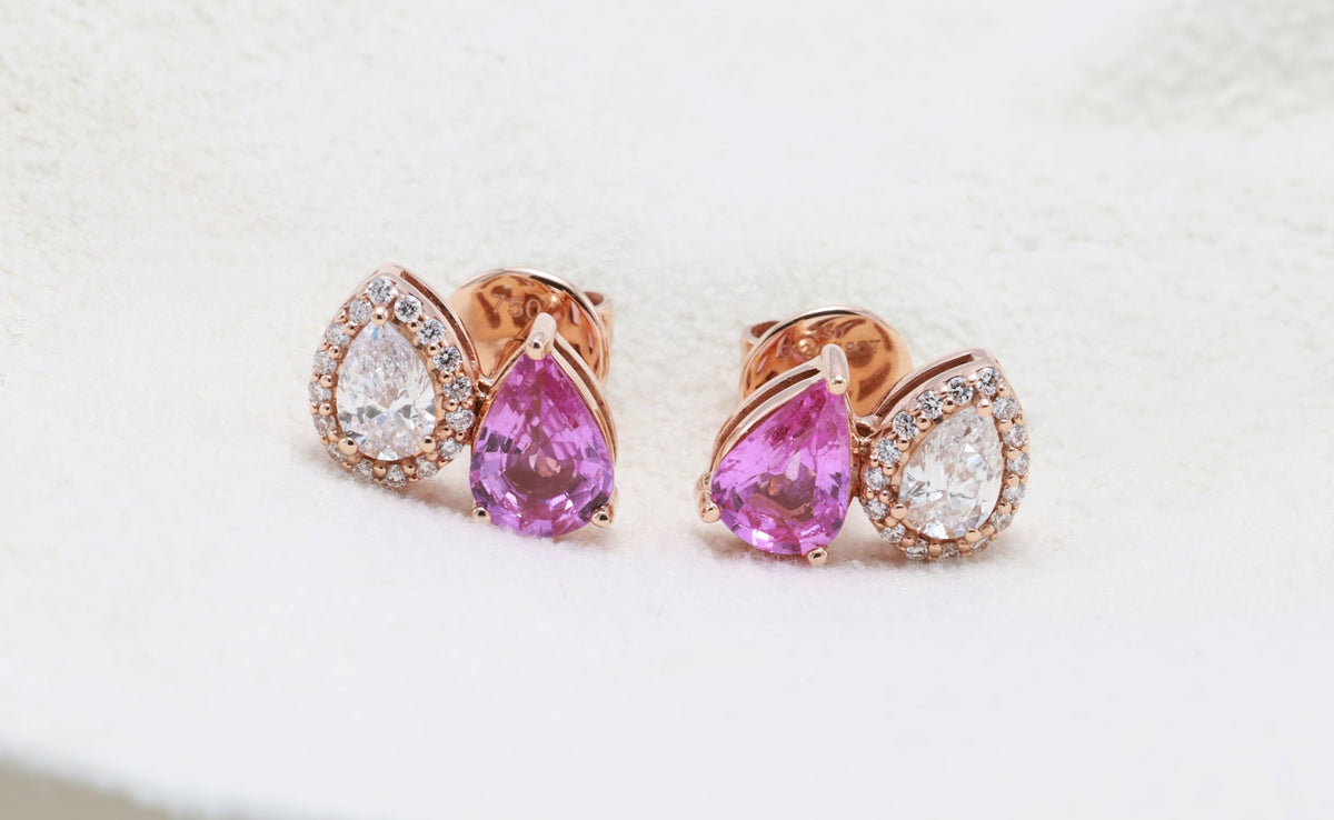 Unheated Pink Sapphire & Pear Diamond Earrings in 18K rose gold — view 7