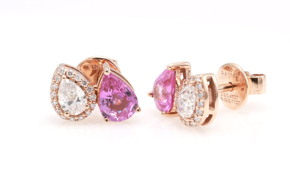 Unheated Pink Sapphire & Pear Diamond Earrings in 18K rose gold — view 8