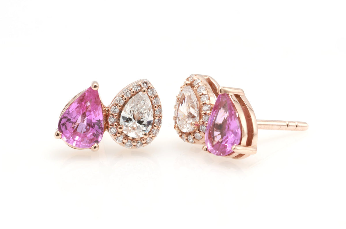 Unheated Pink Sapphire & Pear Diamond Earrings in 18K rose gold — view 9