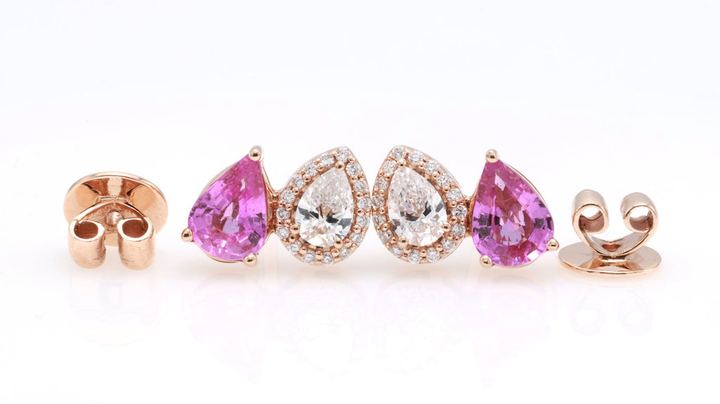 Unheated Pink Sapphire & Pear Diamond Earrings in 18K rose gold — view 10