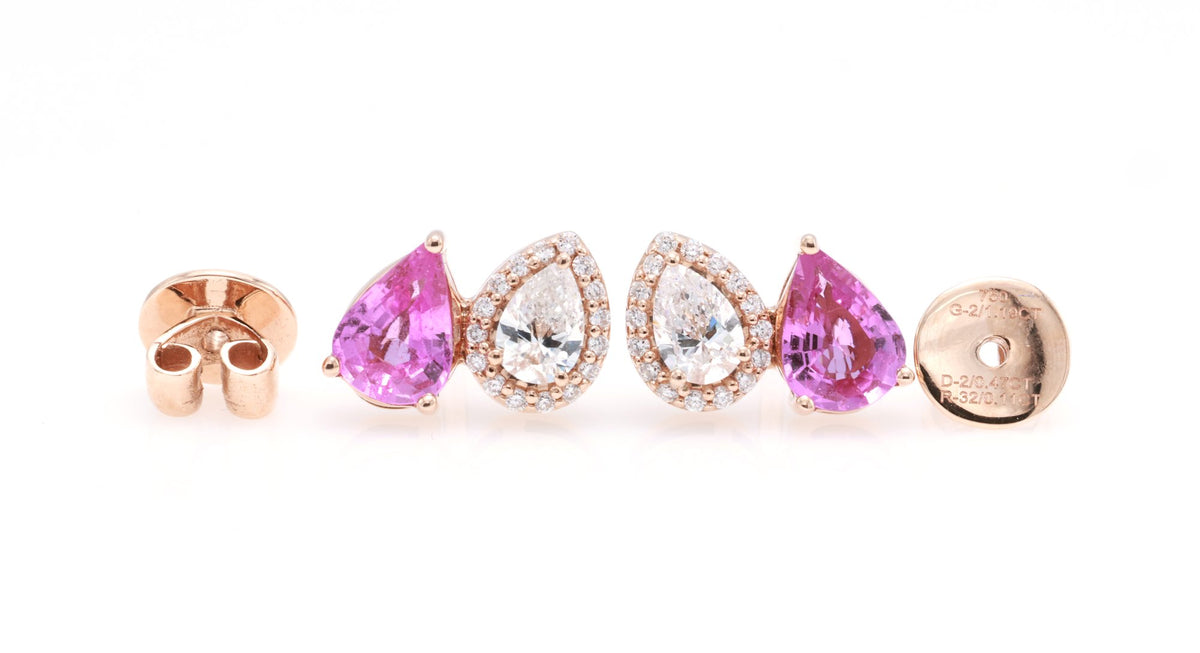 Unheated Pink Sapphire & Pear Diamond Earrings in 18K rose gold — view 11