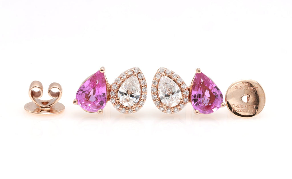 Unheated Pink Sapphire & Pear Diamond Earrings in 18K rose gold — view 12