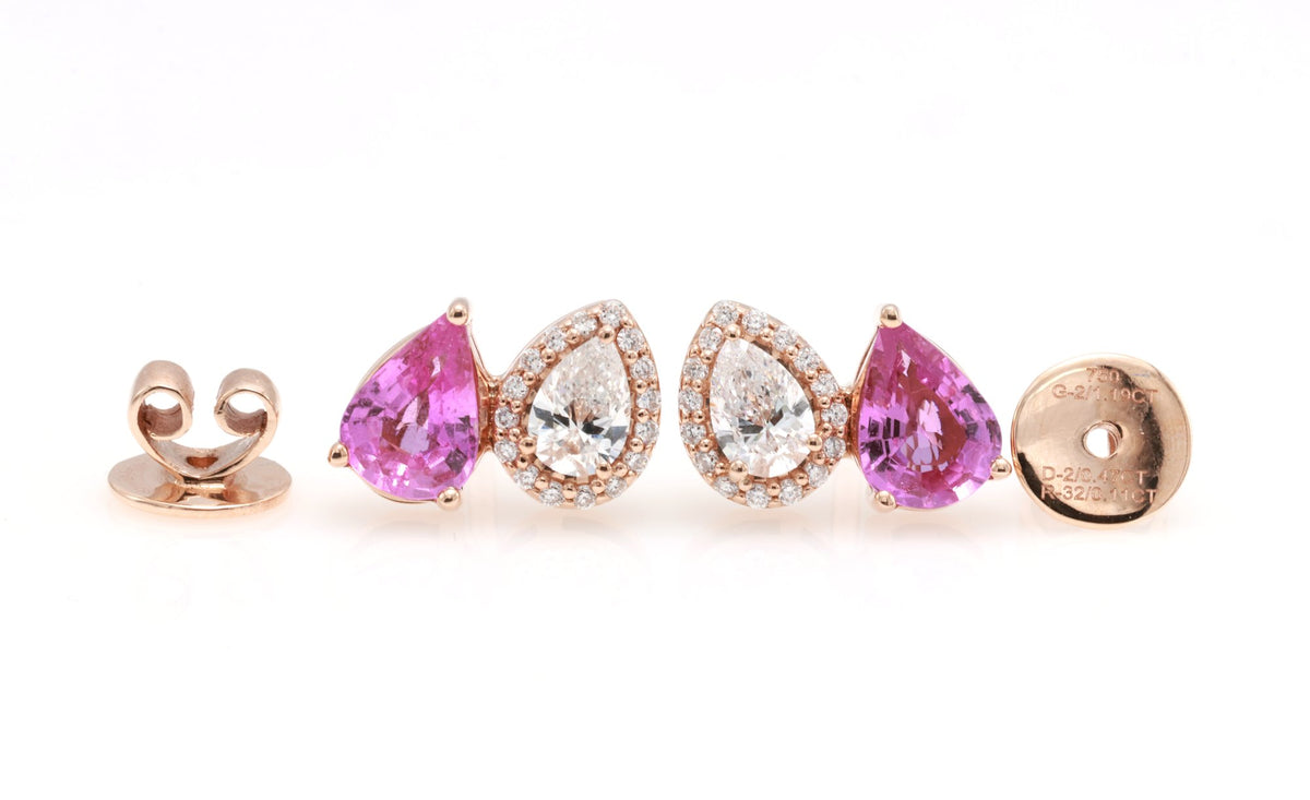 Unheated Pink Sapphire & Pear Diamond Earrings in 18K rose gold — view 12