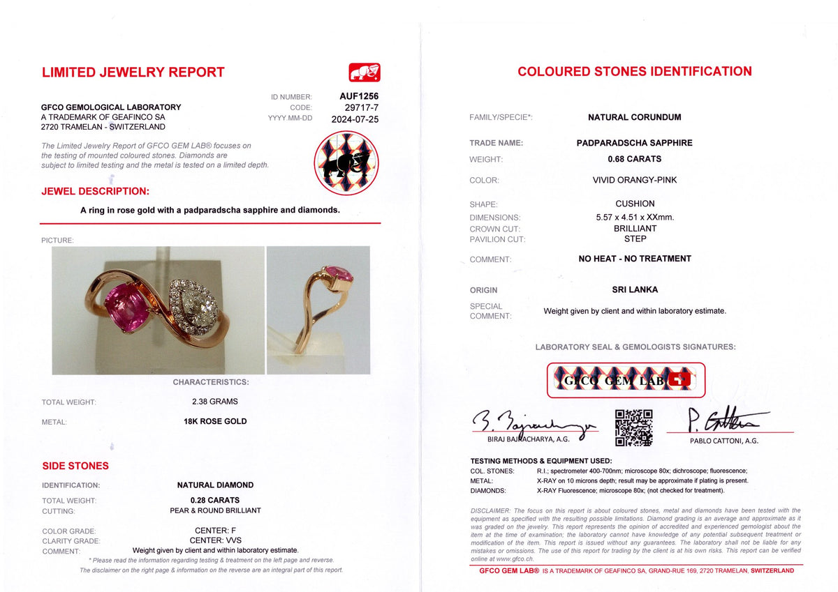 Unheated Pink Sapphire & Pear Diamond Swirl Ring — GFCO laboratory report