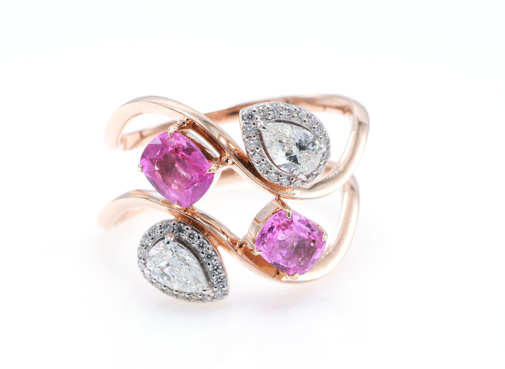 Unheated Pink Sapphire & Pear Diamond Swirl Ring in 18K rose gold — view 1