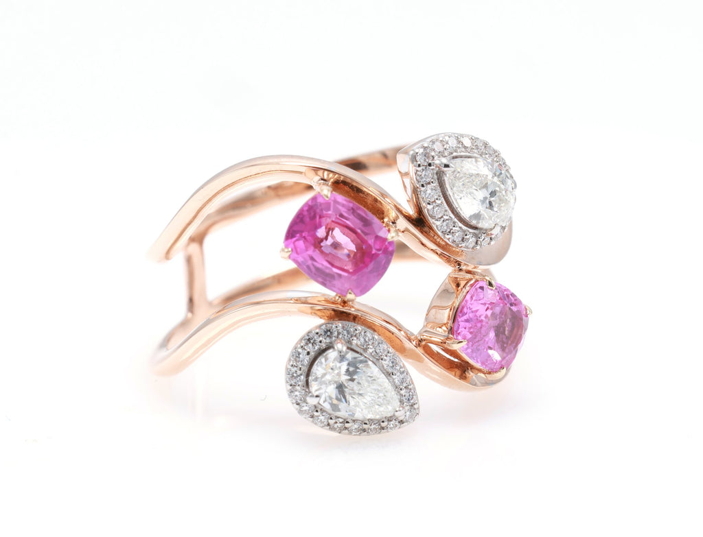 Unheated Pink Sapphire & Pear Diamond Swirl Ring in 18K rose gold — view 2