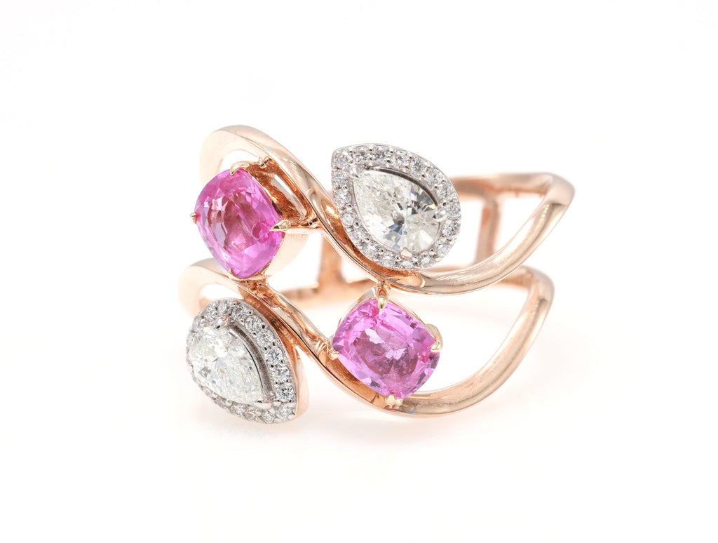 Unheated Pink Sapphire & Pear Diamond Swirl Ring in 18K rose gold — view 3