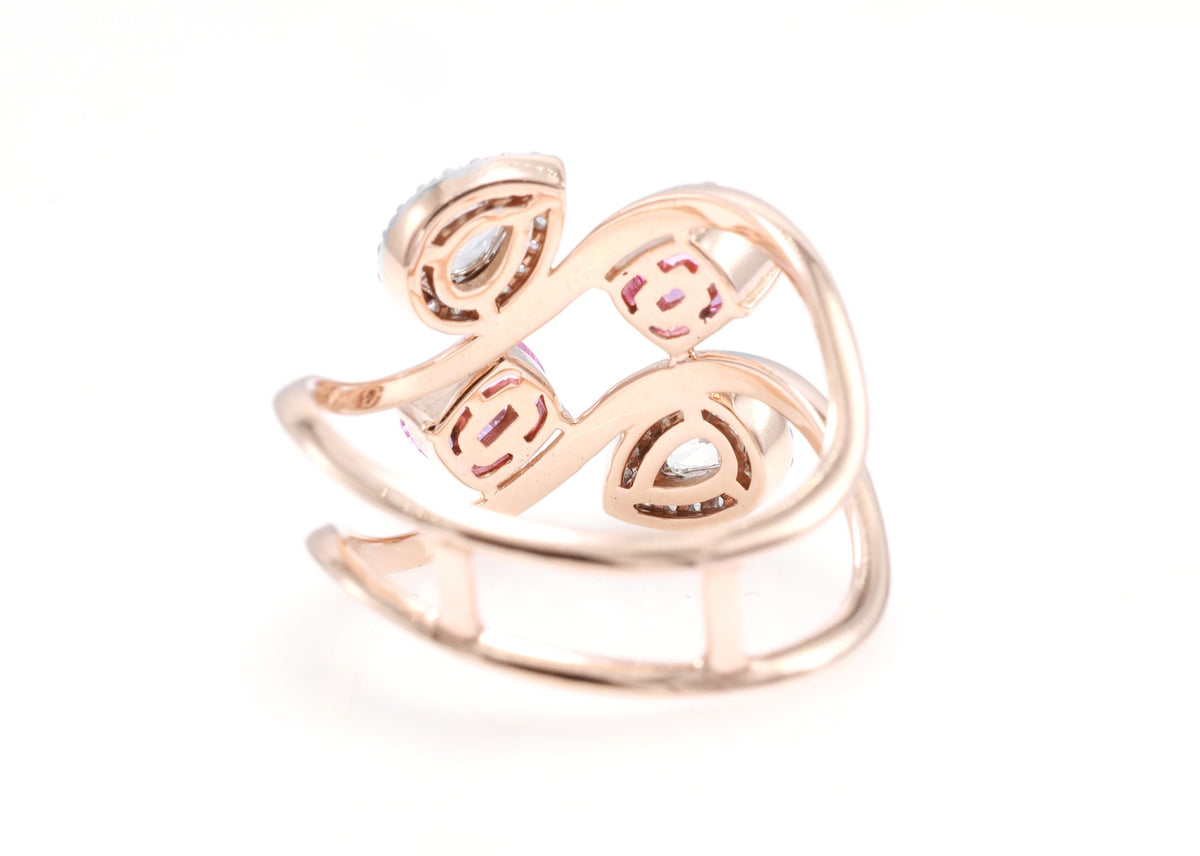 Unheated Pink Sapphire & Pear Diamond Swirl Ring in 18K rose gold — view 4