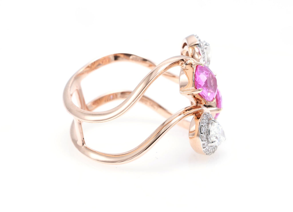 Unheated Pink Sapphire & Pear Diamond Swirl Ring in 18K rose gold — view 5