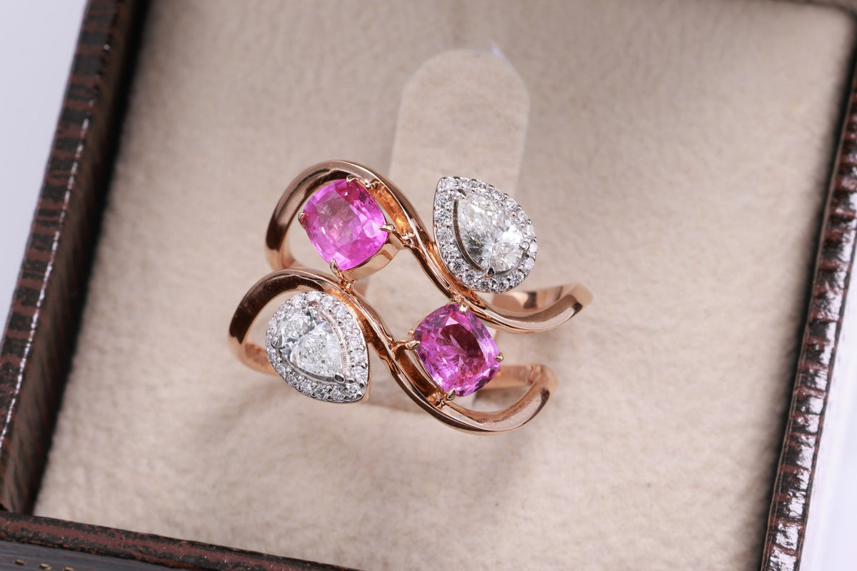 Unheated Pink Sapphire & Pear Diamond Swirl Ring in 18K rose gold — view 6