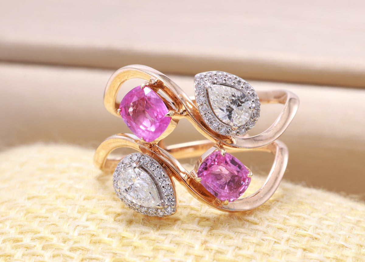 Unheated Pink Sapphire & Pear Diamond Swirl Ring in 18K rose gold — view 7