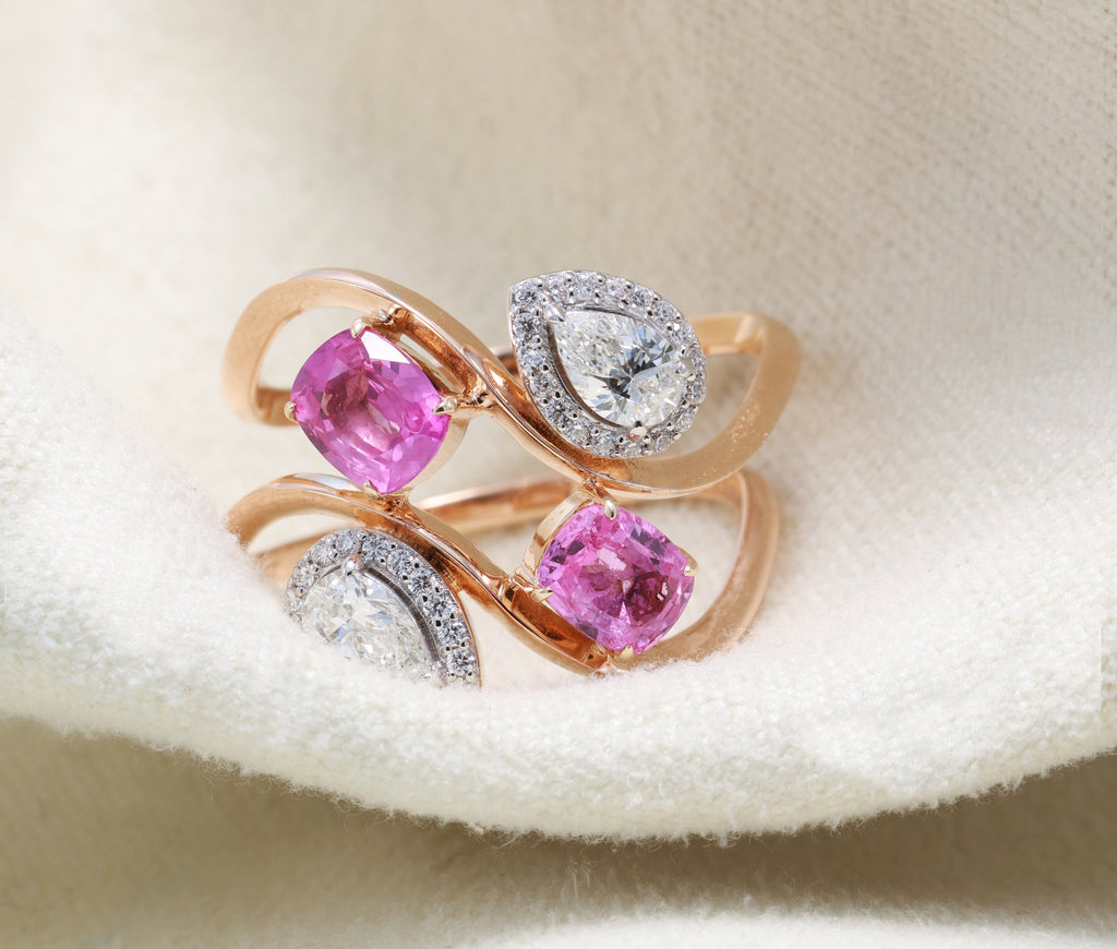 Unheated Pink Sapphire & Pear Diamond Swirl Ring in 18K rose gold — view 8