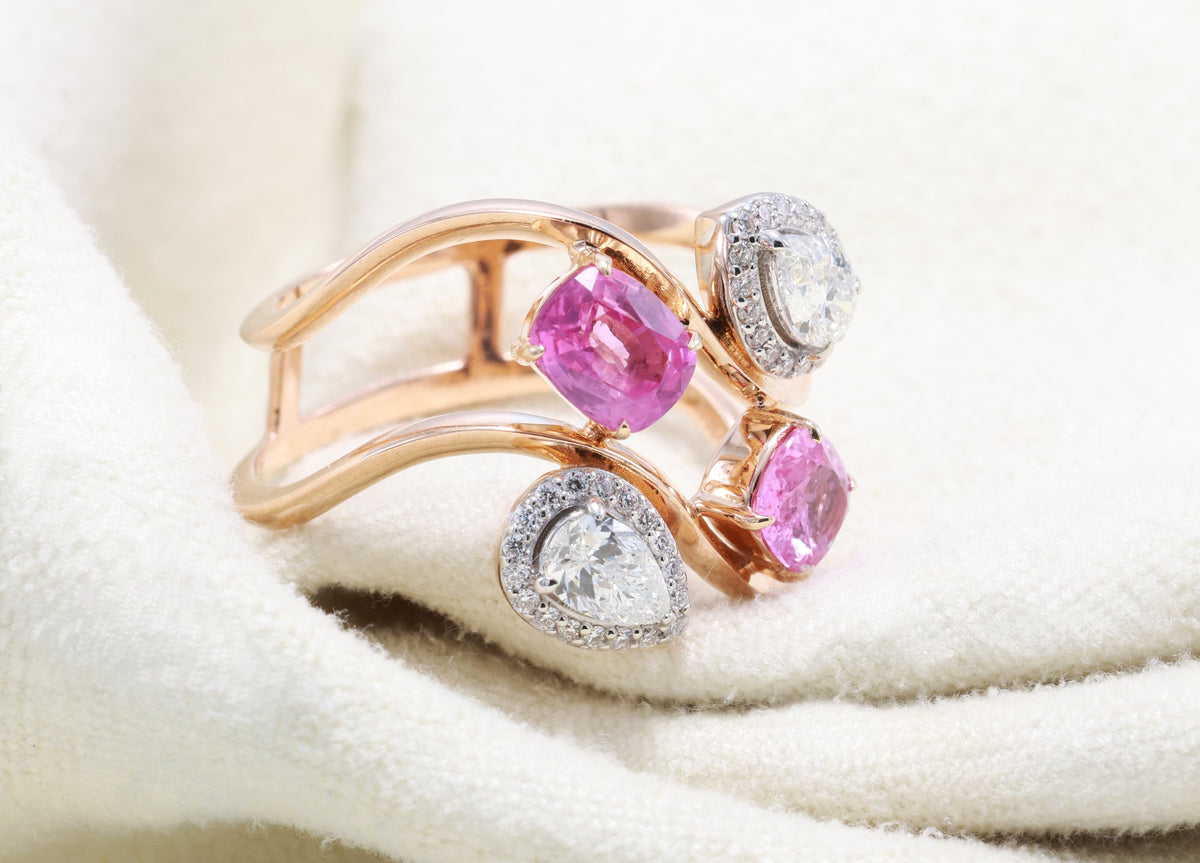 Unheated Pink Sapphire & Pear Diamond Swirl Ring in 18K rose gold — view 9