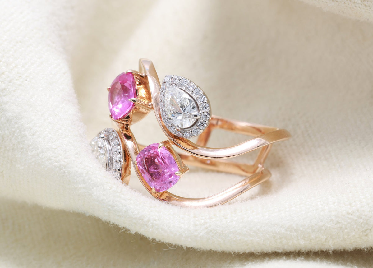 Unheated Pink Sapphire & Pear Diamond Swirl Ring in 18K rose gold — view 10